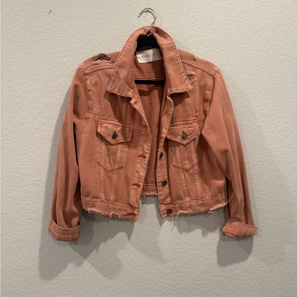 Pink mauve distressed denim jacket XS